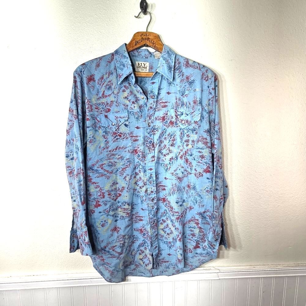 Men's Ely Cattleman Since 1878 Blue Splash Patterned Western Shirt Size 34